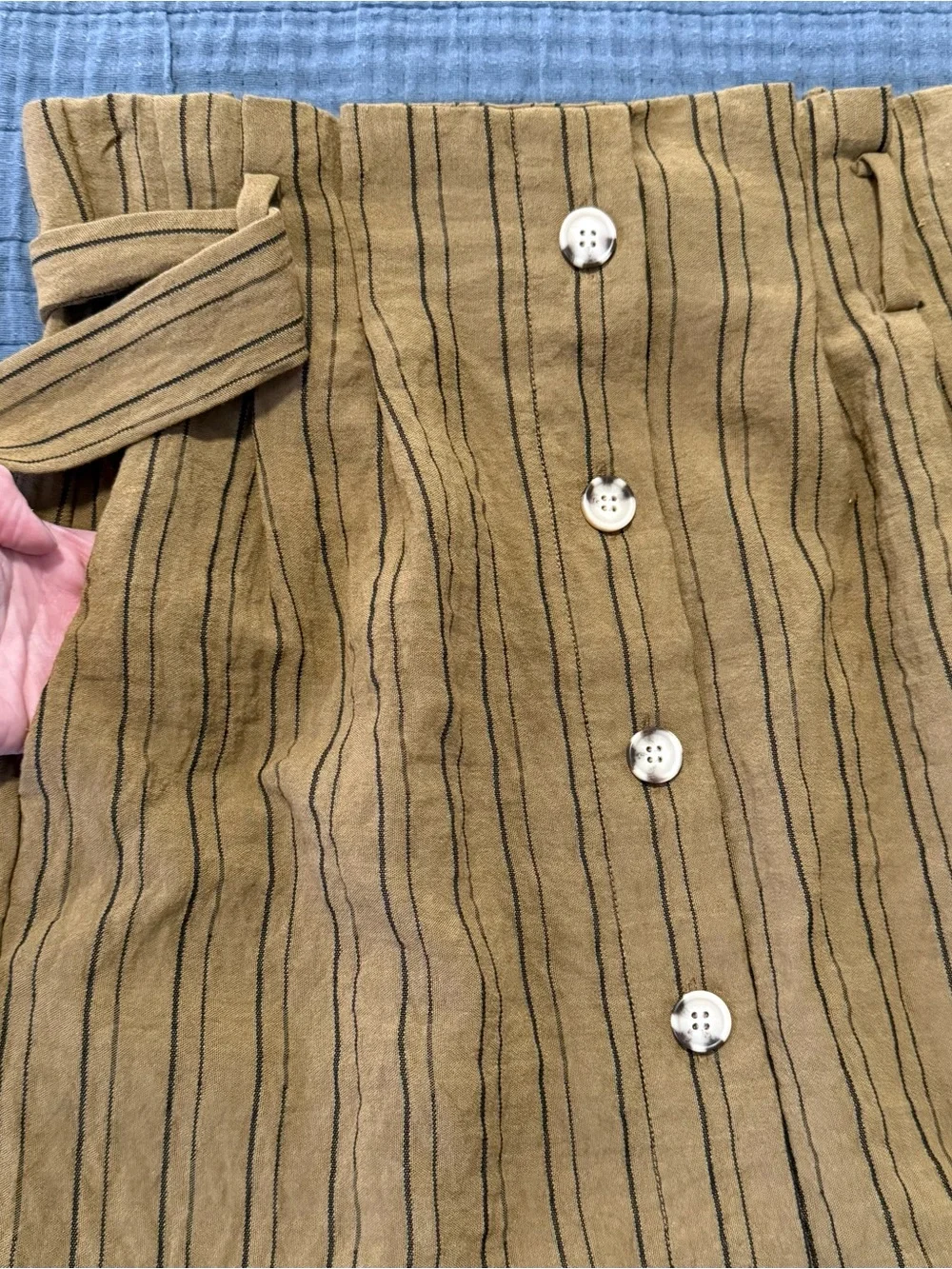 H&M Rust Brown Striped Paperbag Mini Skirt Button Front Tie Waist Sz 4